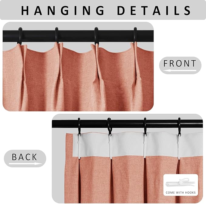 Macochico Extra Wide 100% Blackout Linen Curtains for Sliding Door Pleated Curtains with Hooks Insulated Soft Linen Drapes for Bedroom Living Room with Tieback Orange 100”Wx84”L 1 Panel