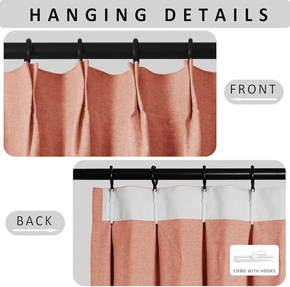 Macochico Extra Wide 100% Blackout Linen Curtains for Sliding Door Pleated Curtains with Hooks Insulated Soft Linen Drapes for Bedroom Living Room with Tieback Orange 100”Wx84”L 1 Panel