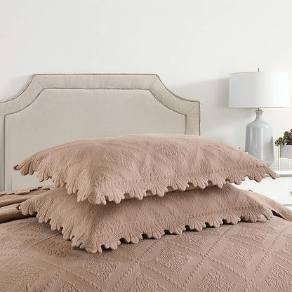 MarCielo 3-Piece 100% Cotton Oversized Bedspread Lightweight Quilt Coverlet Embroidery Farmhouse Bedding Set (TK Pale Taupe Camel, Oversized Queen (100"x106"))