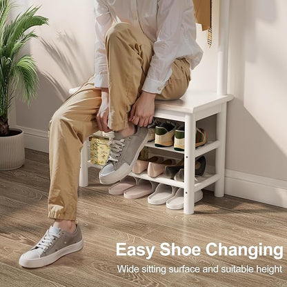 Coat Rack with Shoe Storage, Narrow Wooden Hall Tree with Bench, 11 Hooks and 2-Tier Storage Shelves, 3-in-1, Entryway Bench with Coat Rack (23.6"-Deep White)