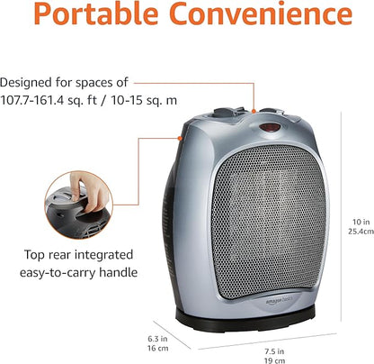 Amazon Basics Oscillating Ceramic Space Heater, Portable Indoor Heating Solution, With Overheat and Tip-Over Protection, Thermostat, 1500W, 7.52"D x 6.34"W x 9.45"H, Silver