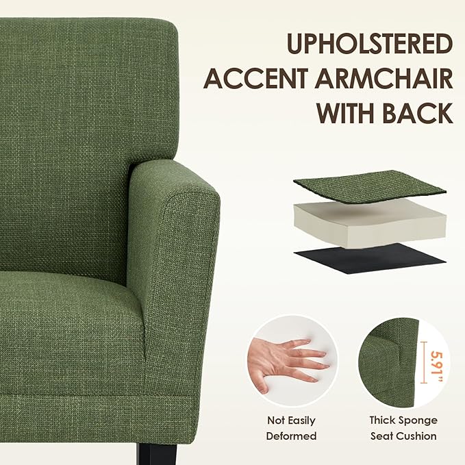 COLAMY Accent Chair Set of 2 for Living Room, Modern Upholstered Fabric Accent Armchair with Back, Soft Single Sofa Chair with Arms for Bedroom/Office/Reception Room, Green