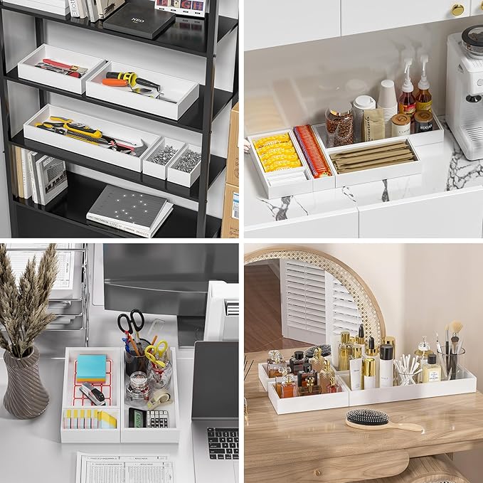 Utensil Organizer Silverware Drawer Organizer - Set of 2, Stackable Kitchen Organization, Bamboo Storage Box Tray for Kitchen Gadgets Bathroom Countertop (White)