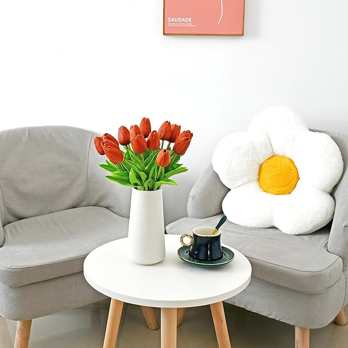 Mandy's Artificial Tulips 20 Stems Dark Orange PU Faux Flowers for Wedding Home Decor 13.5 Inch