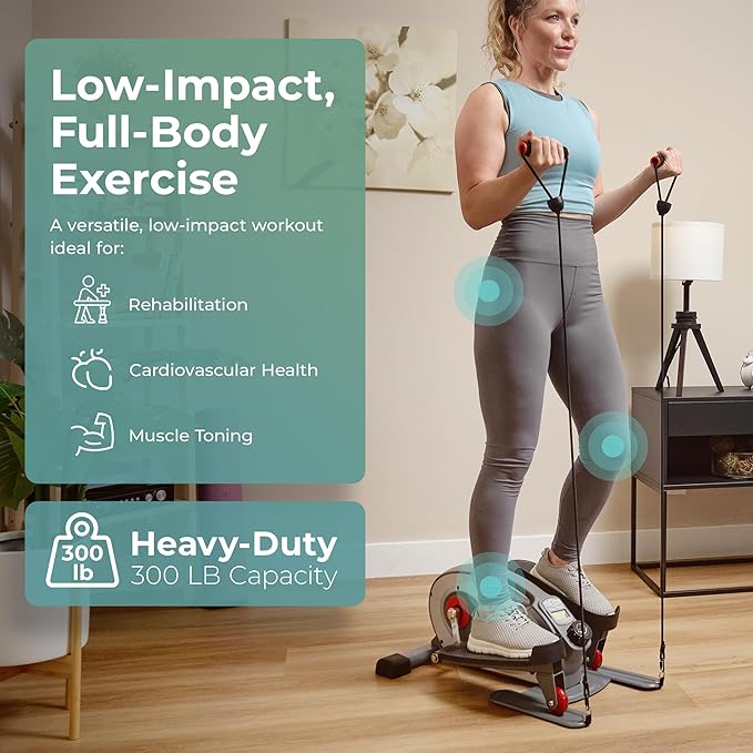 Sunny Health & Fitness 2-in-1 Sit/Stand Mini Elliptical Machine, Portable Under Desk Peddler Exerciser for Senior Home Workout, Optional Free Sunnyfit App Bluetooth Link, Handlebars or Resistance Band
