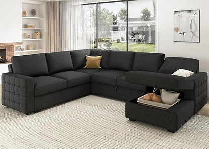 HONBAY Sectional Couch with Pull Out Bed, Sectional Sleeper Sofa with Storage, U Shape Couches for Living Room, Dark Grey