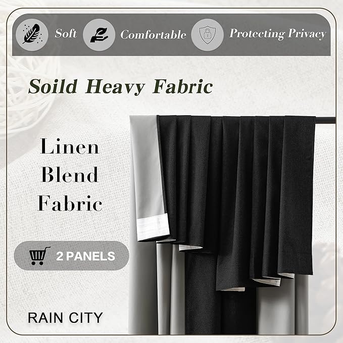 RAIN CITY Black Blackout Curtains 50 x 108-inches Long 9 ft Tall 2 Panels,100 Inch Wide Total Modern Farmouse Thermal Insulated Energy Saving Window Drapery for Living Room