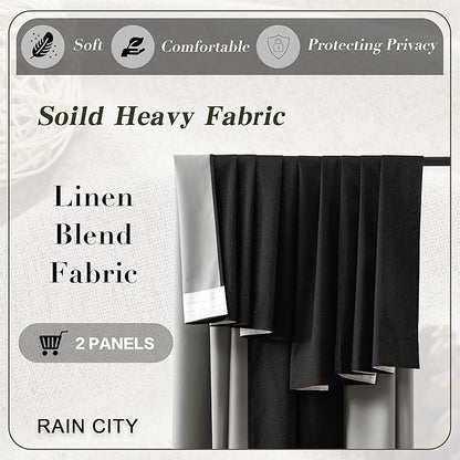RAIN CITY Black Blackout Curtains 50 x 108-inches Long 9 ft Tall 2 Panels,100 Inch Wide Total Modern Farmouse Thermal Insulated Energy Saving Window Drapery for Living Room