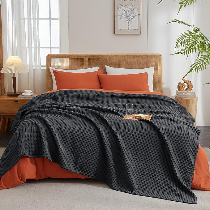 PHF Ultra Soft Waffle Weave Blanket King Size 104"x 90"- Washed Lightweight Breathablee Cozy Woven Blanket - Great for Couch Bed Sofa Home Car - Black
