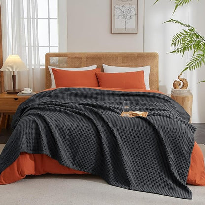 PHF Ultra Soft Waffle Weave Blanket King Size 104"x 90"- Washed Lightweight Breathablee Cozy Woven Blanket - Great for Couch Bed Sofa Home Car - Black