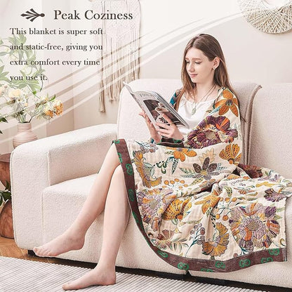 Boho Throw Blanket, 100% Cotton Ultra Soft Luxury Throw Rustic Quilt, 90"x98" Floral Printed Farmhouse Decor Bed Summer Blankets, All Season Rustic Reversible Bohemian Throw for Bed - White