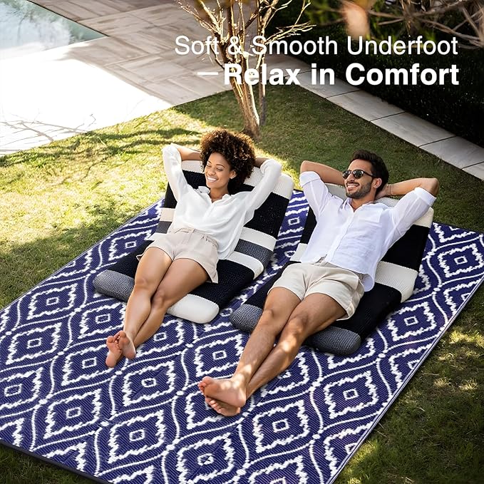 OLANLY Outdoor Rug 9x12 ft Waterproof, Outdoor Plastic Straw Rug with Geometric Pattern Clearance, Reversible RV Mat for Patio, Camping, Balcony, Deck, Backyard, Navy & White