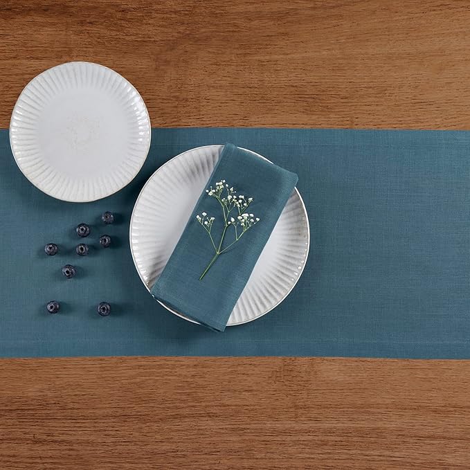 Solino Home Linen Table Runner 108 Inches Long - 100% Pure Linen Peacock Blue Table Runner 14 x 108 Inch - Fete