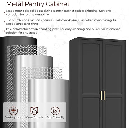 71" Tall Metal Pantry Cabinet, Black Kitchen Pantry Storage Cabinet with 4 Adjustable Shelves and Gold Handles, Cupboard for Kitchen, Dining Room, Living Room, Bathroom