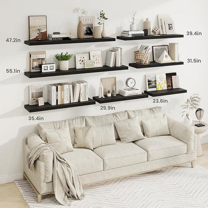 Fun Memories 48 Inch Deep Floating Shelves for Wall, 2 Pack of Long Wall Mounted Wood Shelves with Invisible Brackets for Bathroom, Bedroom, Living Room, Kitchen Decor and Storage, Black