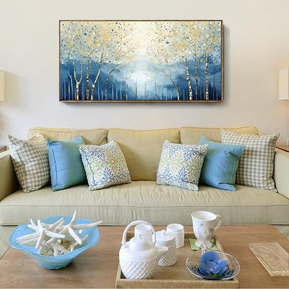 amatop Large Framed Abstract Canvas Wall Art Navy Blue Art Print Modern Nature Tree of Life Artwork Birch Contemporary Landscape Picture for Office Living Room Bedroom Hallway Home Decor 48x24 Inch