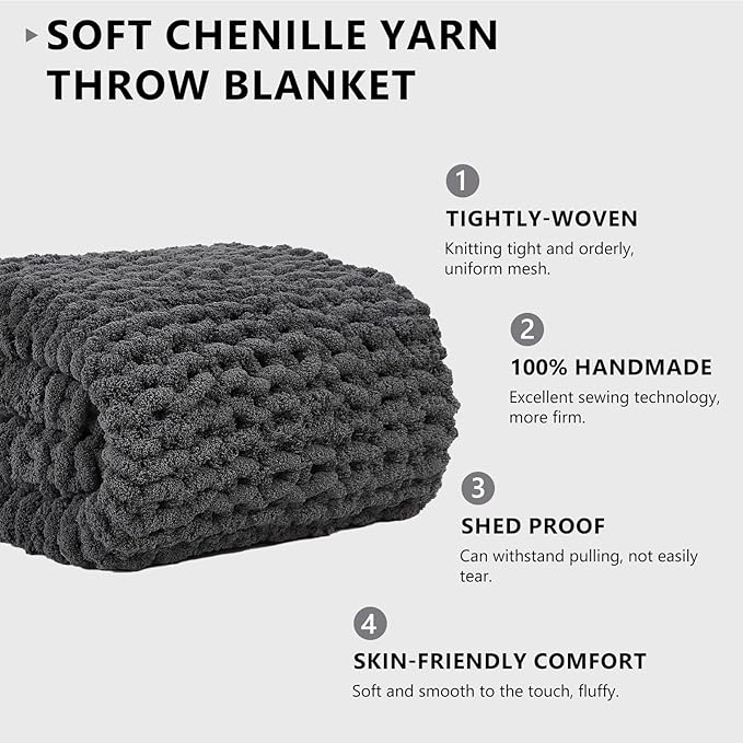 L'AGRATY Chunky Knit Blanket Throw - Soft Throw Blanket 60x80: 100% Hand Kintted Chenile Crochet Throw Blanket for Couch - Large Cable Knit Blanket for Home Decor(Dark Grey)