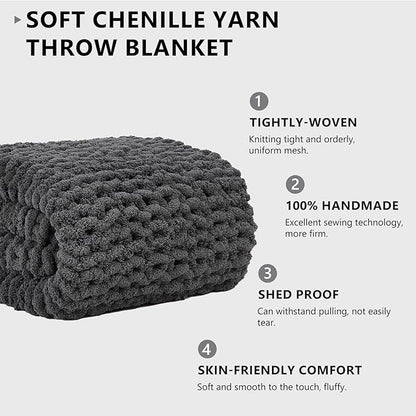 L'AGRATY Chunky Knit Blanket Throw - Soft Throw Blanket 60x80: 100% Hand Kintted Chenile Crochet Throw Blanket for Couch - Large Cable Knit Blanket for Home Decor(Dark Grey)