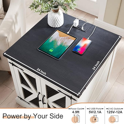 JXQTLINGMU Farmhouse End Table, 24" Large Sofa Side Table with Charging Station, Mesh Barn Door, and Adjustable Storage Shelf, Rustic Wood Square Nightstand for Living Room, Bedroom, Office, White