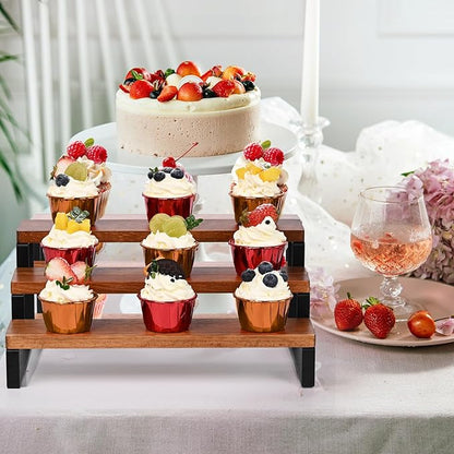3 Tier Wooden Display Riser Stand Perfume Organizer with Metal Stand, Dessert Table Display Set, Food Display Stands for Party, Brown Rustic Solid Wood Shelf for Cupcakes, Perfume, Cologne, Spiece