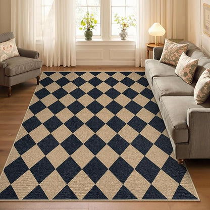Lahome Checkered Easy Jute 5x7 Area Rugs, Washable Outdoor Patio Rug for Living Room Diamond Indoor Outdoor Carpet, Farmhouse Geometric Non Slip Black Carpet for Backyard Dining Room