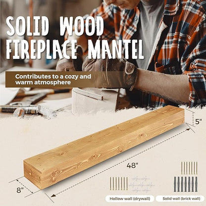 48x8x5 Fireplace Mantel - Handcrafted Rustic Solid Wood Wall Mounted Floating Shelf with Invisible Heavy Duty Wood Bracket (Natural)