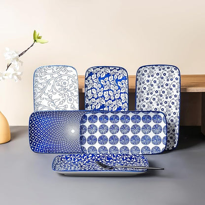 Selamica Ceramic Serving Platters, 12 Inch Serving Trays for Party Entertaining, Large Rectangular Serving Plates for Food, Set of 6, Vintage Blue