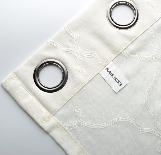 MIUCO Moroccan Embroidery Semi Sheer Curtains Faux Linen Grommet Curtains for Bedroom 52 x 63 Inch 2 Panels, Off White