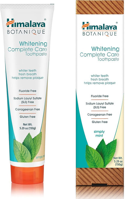 Himalaya Botanique Whitening Complete Care Toothpaste, Teeth Whitening, Fights Plaque, Fluoride Free, No Artificial Flavors, SLS Free, Cruelty Free, Foaming, Simply Mint Flavor, 5.29 Oz, 4 Pack