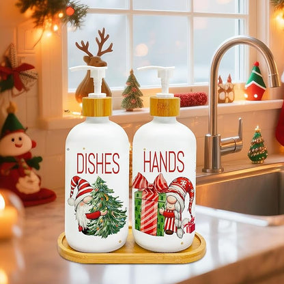 Hexagram Christmas Soap Dispenser Set of 2, Christmas Kitchen Decor, Xmas Gnomes Glass Soap Dispenser for Home Indoor Decorations, Xmas Refillable Lotion Essential Oil Dispensers with Pump
