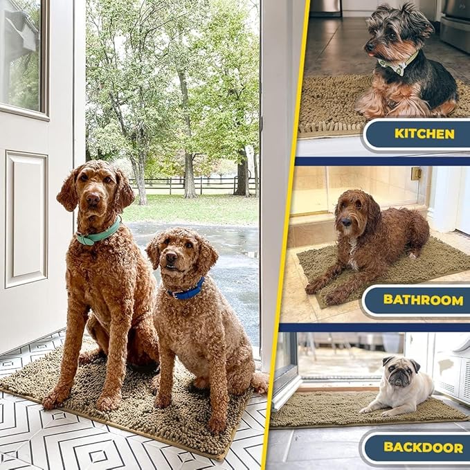 Muddy Mat® 4-Piece Beige Medium 30"X19" AS-SEEN-ON-TV Highly Absorbent Microfiber Door Mat, Bath Mat and Pet Rug, Non slip Thick Washable, Soft Chenille for Kitchen Bathroom Bedroom Indoor and Outdoor