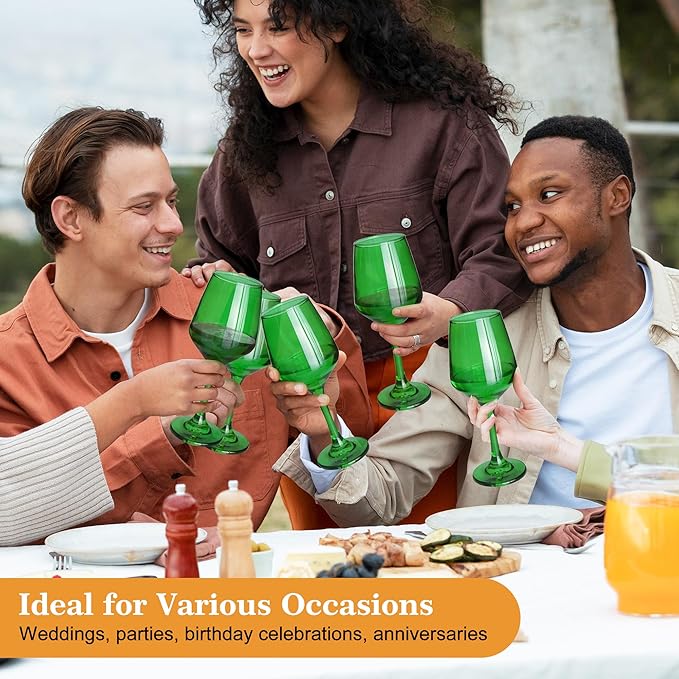 Green Wine Glasses Set of 6-12oz Green Long Stem Wine Glass Cups, Pretty Crystal Glassware, Hand Blown Goblets Drinkware, Unique Drinking Stemware Holiday Gift Set