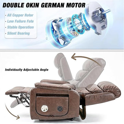 Lazy Boy Recliner Chair with Heating, Power Lift Recliner Chair for Elderly with Folding Tablet, Lay Flat Recliner with Dual Motor Adjustable Backrest and Leg Rests, Leather Brown1, RXX-028
