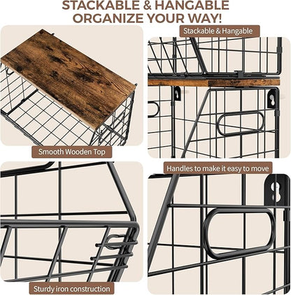 Delamu 2-Pack Stackable Metal Fruit Basket with Wood Lid-Wall Mounted & Countertop Organizer for Kitchen,Pantry- Ventilated Storage for Onions,Potatoes,Fruits,Spices (12"x 8"x 8-5/16")