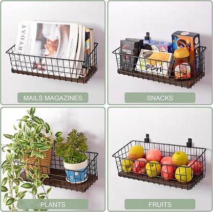 Wall Hanging Baskets 3 Pack, Extra Large Diversified Wire Basket Shelves of Wooden Style, with Wall Mounted Hooks & Traceless Stickers, for Kitchen Coffee Bar Office Room Garage Storage Organization