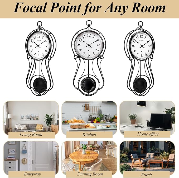CLXEAST 20 Inch Black Metal Pendulum Wall Clock, Large Schoolhouse Regulator Wall Clocks for Living Room Decor,House Warming Gifts New Home,Gifts for Women