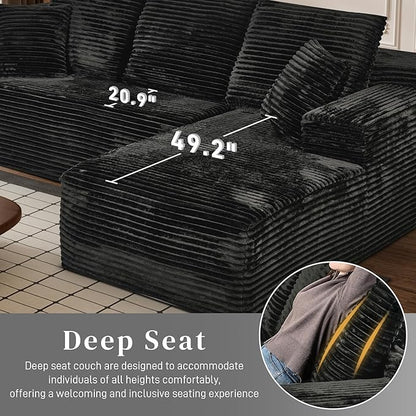 Modular Sectional Sofa Cloud Sectional Couch, 107" Comfy Fluffy L Shaped Black Couches for Living Room, Deep Seat Memory Foam Plush Corduroy Boneless Couch Sectionals with Right Facing Chaise Sofa