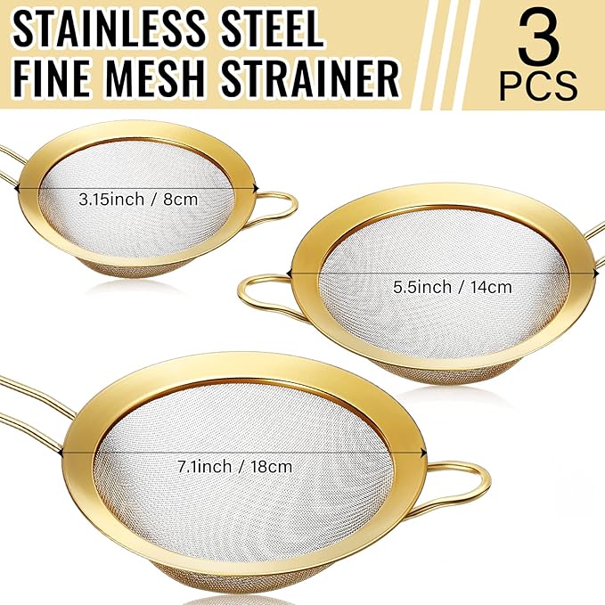 Norme 5 Quart Stainless Steel Gold Colander and 3 Pcs Gold Fine Mesh Strainer, Stainless Steel Pasta Rice Food Metal Strainer with Handles, Easy Clean and Dishwasher Safe