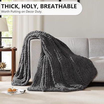 L'AGRATY Chunky Knit Blanket Throw: 72''x84'' Chenille Chunky Knitted Throw Blanket for Bed Couch - Handmade Thick Big Cable Knit Blanket - Large Chunky Crochet Blanket for Home Decor(Dark Grey)
