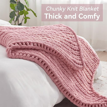 Chunky Knit Throw Blanket, 50''*60'' Knitted Throw Chenille Yarn for Bed Couch, Handmade Light Pink Crochet Big Thick Blanket, Machine Washable Cute Comfy Blanket for Home Decor