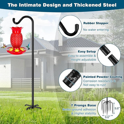 Gtongoko Tall Shepherds Hook for Outdoor, 108 Inch Bird Feeder Pole with 7 Prongs Base, 3/4 Inch Thick Heavy Duty Adjustable Garden Hook for Hanging Plant, Lantern, Hummingbird Feeder, 1 Pack