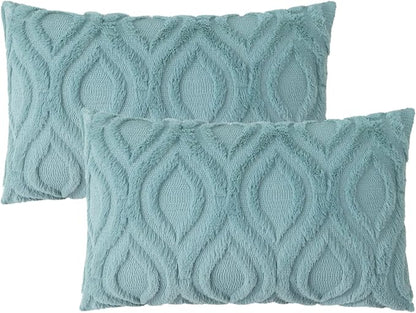 decorUhome Fall Throw Pillow Covers 12x20 Inch Set of 2, Soft Plush Decorative Faux Fur Aqua Solid Couch Pillow Covers, Accent Farmhouse Neutral Lumbar Euro Pillow Cases for Sofa Bed Living Room