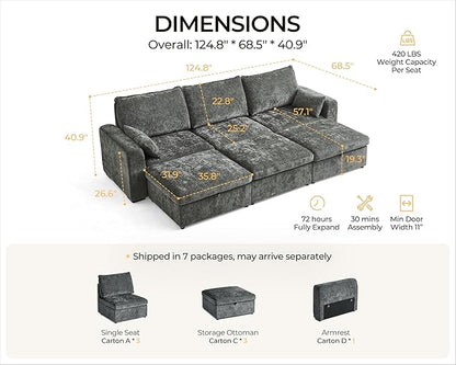 Oversized Modular Sofa Comfy Cloud Couch with Storage, Extra Deep Plush Sectional Sofa Set for Living Room, Covers Washable, Chenille, Olar (Grey, 6-Seater with 3 Ottomans, Sleeper)