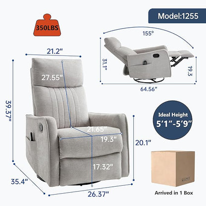 Manual Swivel Rocker Recliner Chair for Adults, Overstuffed Reclining Glider Chair for Nursing with Vibration Massage & Heat, Living Room Rocking Recliner 2-Stage backrest, Chenille Fabric Light Gray