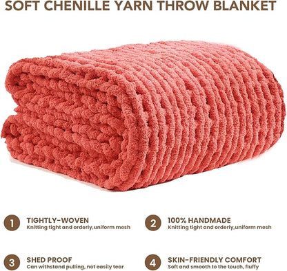 L'AGRATY Chunky Knit Blanket Throw: 60''x80'' Chenille Chunky Knitted Throw Blankets for Twin Bed Couch - Handmade Thick Cable Knit Blanket - Large Crochet Rope Blankets for Home Decor(Coral Pink)