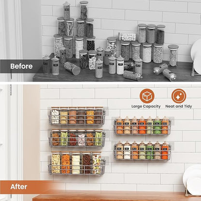 5 Pack Spice Rack Seasoning Organizer Wall Mount, Screw or Adhesive Hanging Shelf Basket Spice Organizer Shelf for Kitchen, Gray