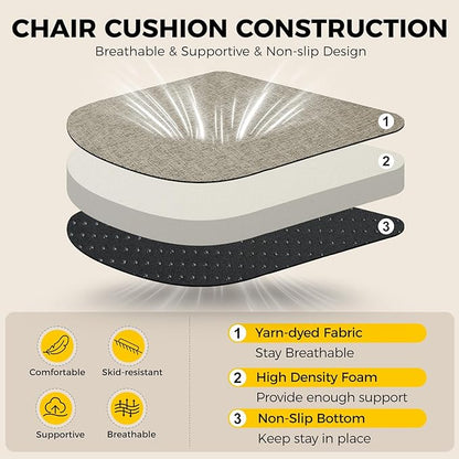 downluxe Indoor Chair Cushions for Dining Chairs, Soft and Comfortable Textured Foam Kitchen Chair Pads with Ties and Non-Slip Backing, 16" x 16" x 2", Khaki, 4 Pack