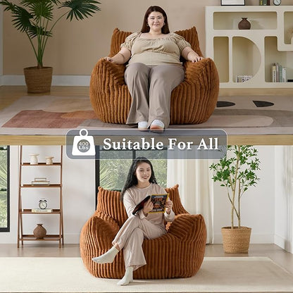 Giant Plush Bean Bag Chair for Adults with Armrests - Oversized Comfy Orange Beanbag Lounge Lazy Floor Sofa Accent Chair for Living Room, Bedroom & Dorm, Cozy Fluffy Single Cloud Mini Couch