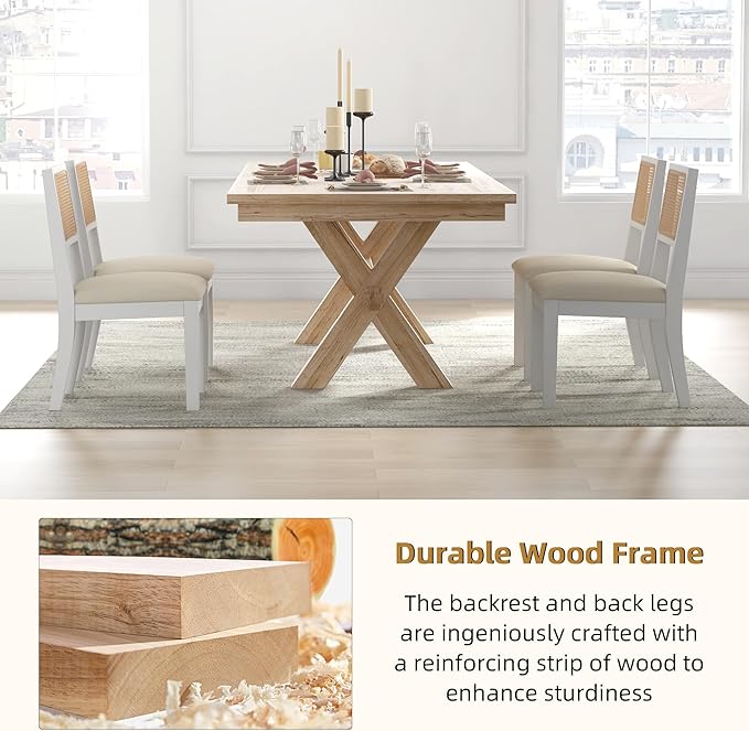 Westice Rattan Dining Chairs Set of 4, Farmhouse Natural Dining Room Chairs with Upholstered Cushion, Wood Armless Chairs for Kitchen/Restaurant, White