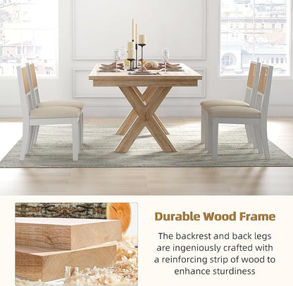 Westice Rattan Dining Chairs Set of 4, Farmhouse Natural Dining Room Chairs with Upholstered Cushion, Wood Armless Chairs for Kitchen/Restaurant, White